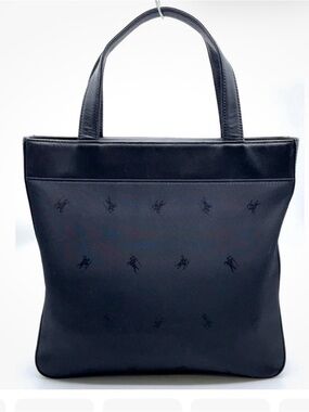 Auth Burberry Horse Logo All-Over Print Leather Black Tote Handbag
